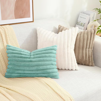 decorUhome Summer Cozy Faux Fur Throw Pillow Covers 12x20 Set of 2 Decorative Soft Plush Striped Lumbar Modern Farmhouse Boho Couch Pillow Cases with Velvet Back for Sofa Bed Living Room, Aqua
