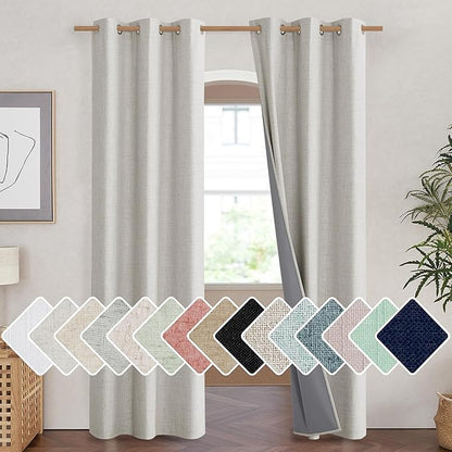 NICETOWN Snowbound Vintage Linen 100% Blackout Curtains for Living Room, Thermal Insulated Curtains 90" Long, Noise Reducing Window Treatment Drapes for Hall Room, 42" Wide Per Panel, Set of 2