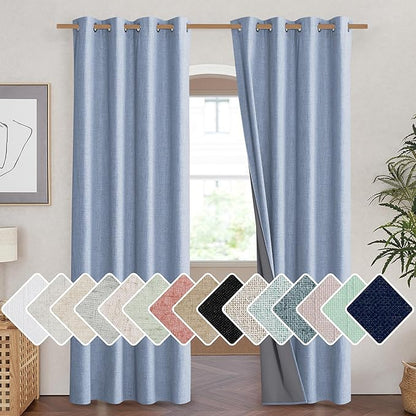 NICETOWN Stone Blue Vintage Linen 100% Blackout Curtains for Living Room, Thermal Insulated Curtains 84“ Long, Noise Reducing Window Treatment Drapes for Hall Room, 52" Wide Per Panel, Set of 2