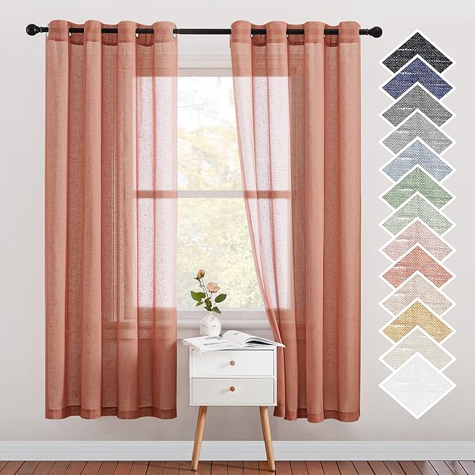 NICETOWN Open Linen Weave Linen Burlap Window Curtains, 72 inches Medium Long Privacy Semi-Transparent Sheer Panels for Farmhouse/Bedroom, Terracotta=Burnt Orange, 104" Wide Total 2 Panels