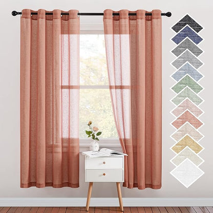 NICETOWN Open Linen Weave Linen Burlap Window Curtains, 72 inches Medium Long Privacy Semi-Transparent Sheer Panels for Farmhouse/Bedroom, Terracotta=Burnt Orange, 104" Wide Total 2 Panels