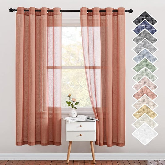 NICETOWN Open Linen Weave Linen Burlap Window Curtains, 72 inches Medium Long Privacy Semi-Transparent Sheer Panels for Farmhouse/Bedroom, Terracotta=Burnt Orange, 104" Wide Total 2 Panels