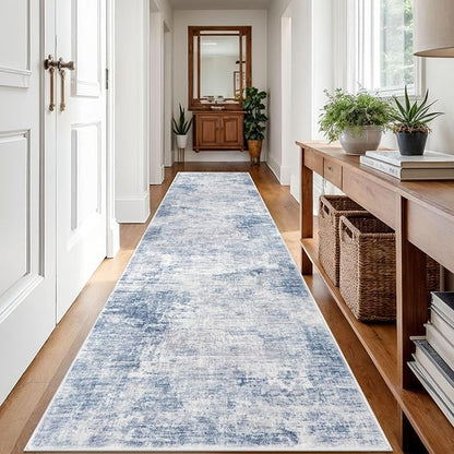IOHOUZE Abstract Runner Rug 3x12 Ft Washable Runners for Hallways, Non Slip Kitchen Runner Printed Faux Wool Entryway Runner Indoor, Modern Abstract Floor Carpet for Hall Kitchen, Light Blue Grey
