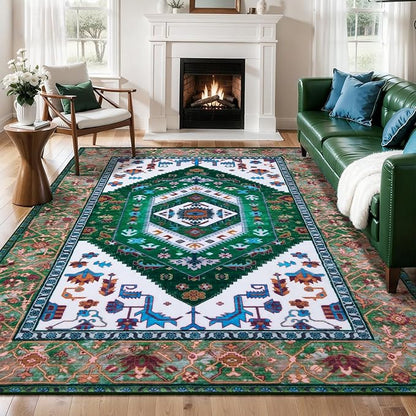 SERISSA 6x9 Area Rugs for Living Room, Large Washable Non-Slip Boho Rug, Ultra Soft Vintage Green White Oriental Tribal Print Distressed Carpet for Dining Room Bedroom Dorm Office Home Decor