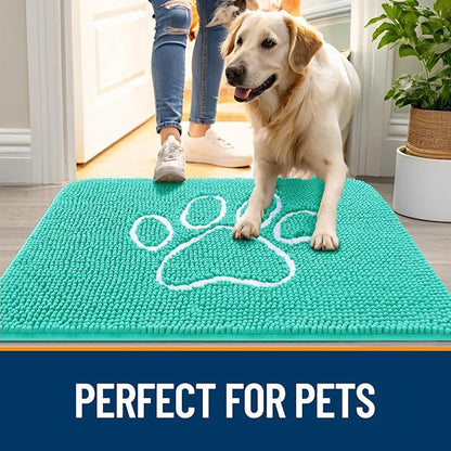 OLANLY Dog Door Mat for Muddy Paws 40x32, Paw Print Design, Absorbs Moisture and Dirt, Absorbent Non-Slip Washable Doormat, Quick Dry Chenille Mud Mat for Dogs, Entry Indoor Entryway Carpet, Teal