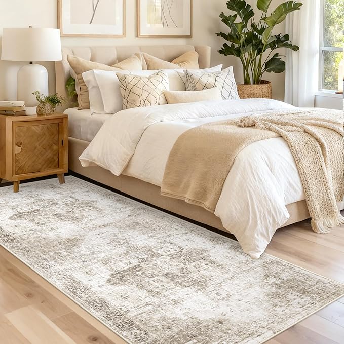 Runner Rug 2x6 Washable Rug, Vintage Boho Medallion Hallway Runner Non-Slip Soft Low Pile Distressed Floor Carpet Retro Doormat for Kitchen Bedroom Laundry Entryway Bathroom (Taupe, 2'x6')