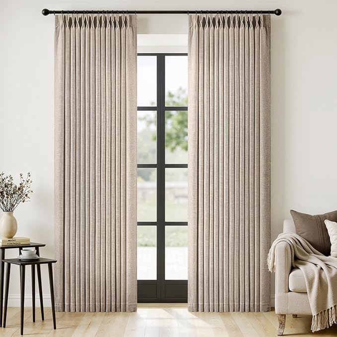 MIULEE Pinch Pleated Thick Linen Curtains 84 Inches Long 2 Panels for Living Room Bedroom, Linen Texture Memory Trained Pleat Drapes Rustic Farmhouse Track System Curtains with Hooks&Rings, Taupe