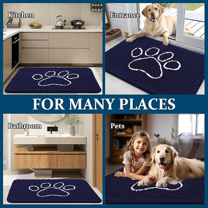 OLANLY Dog Door Mat for Muddy Paws 59x35, Paw Print Design, Absorbs Moisture and Dirt, Absorbent Non-Slip Washable Doormat, Quick Dry Chenille Mud Mat for Dogs, Entry Indoor Entryway Carpet, Navy Blue