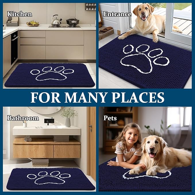 OLANLY Dog Door Mat for Muddy Paws 40x32, Paw Print Design, Absorbs Moisture and Dirt, Absorbent Non-Slip Washable Doormat, Quick Dry Chenille Mud Mat for Dogs, Entry Indoor Entryway Carpet, Navy Blue