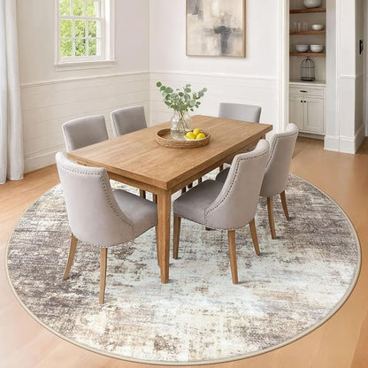 IOHOUZE Abstract Round Area Rug 8 Ft Washable Circle Rugs Large Round Rug Non Slip Thin Soft Circle Rugs, Printed Faux Wool Floor Carpet for Bedroom Living Room Dining Room Nursery, Beige Brown