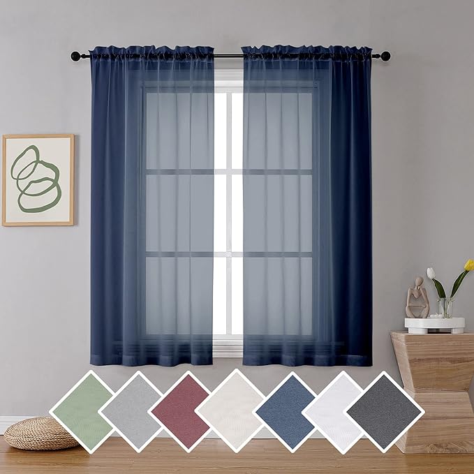 OVZME Navy Blue Sheer Curtains 2 Panels with Dual Rod Pocket, Light Filtering Treatment Window Drapes for Kitchen Dining Room, Bedroom, Each 42 Width by 63 Length.