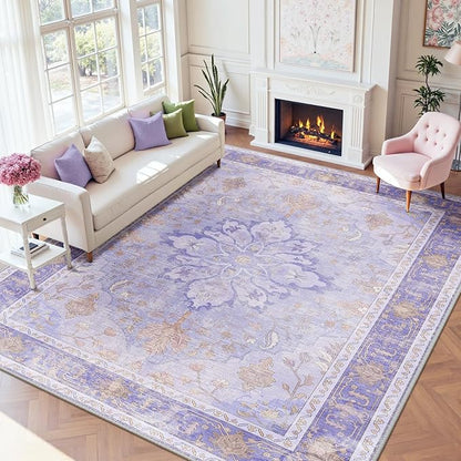 RELEANY Area Rugs 9'x12' Washable Non-Slip, Floral Vintage Distress Print Pattern Medallion Carpet for Living Room Bedroom Dining Room, Light Purple Brown