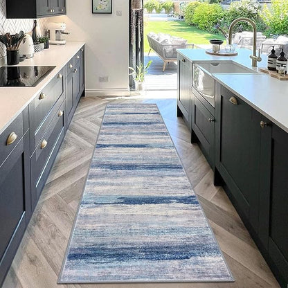 KOZYFLY Modern Abstract Washable Rug Runner 2.6x10 Hallway Rug Runner Non-Slip Soft Kitchen Runner Rugs, Blue/Grey/Beige Striped Carpet for Entryway Bathroom Laundry Room Foyer
