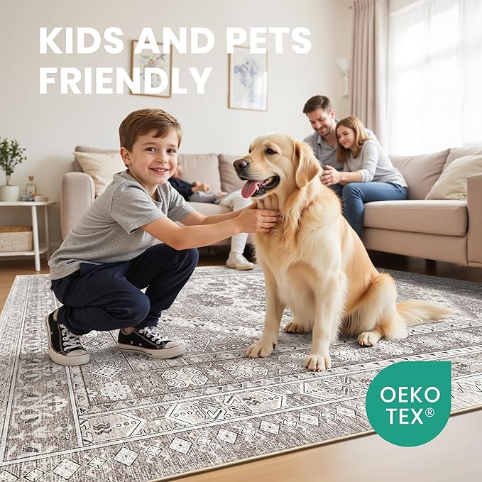zesthome 8x12 Area Rugs,Stain Resistant Washable Rug,Ultra-Thin Rugs for Living Room,Bedroom,Non-Slip Backing Home Decor Large Area Rug (Brown/Beige,8'x12')