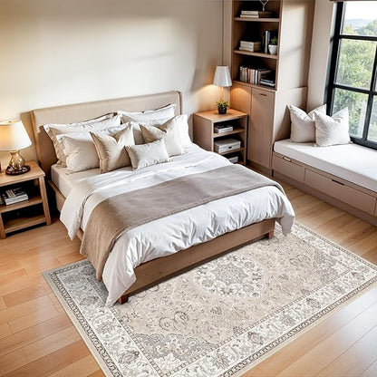 5x7 Living Room Area Rugs: Washable Non-Slip Stain Resistant Rug for Bedroom Dining Room Vintage Ultra Soft Indoor Carpet for Nursery Kitchen Farmhouse Thin Floor Mat for Home Office (5x7 Beige)
