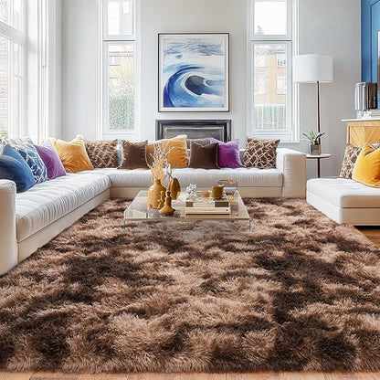 Rugs for Living Room 9x12, Soft Shaggy Modern Shag Area Rug for Bedroom, Upgrade Non-Slip Plush Fluffy Carpet for Kids Boys Girls Room Home Decor Aesthetic, Tie-Dyed Brown