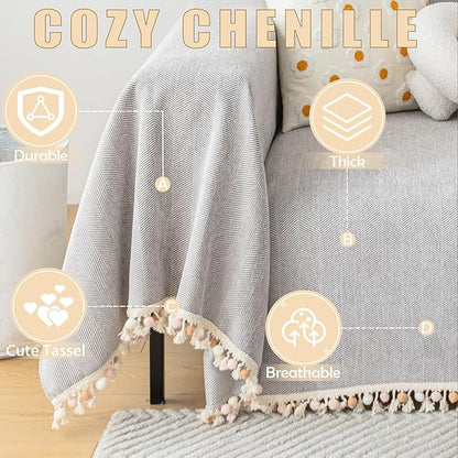 HANDONTIME Grey Sofa Cover for Couch Boho Couch Cover for 3 Seat Dog Couch Cover Love Seat Couch Covers Light Grey Sectional Cover 71" X118" Tassel Chenille Herringbone Sofa Covers Washable