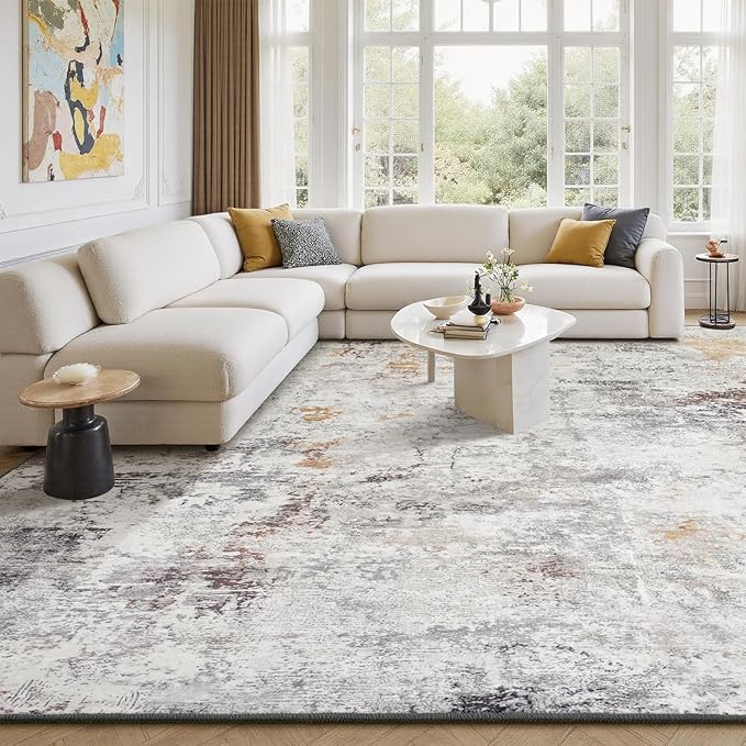 Rugflix 9x12 Area Rugs for Living Room, Washable Large Rug Stain-Resistant Low Pile, Modern Neutral Carpet for Dining Room Home Office Kid Room Nursery Bedroom, Grey Brown