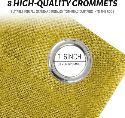Yakamok Mustard Yellow Linen Curtains 100% Blackout 84 Inches Long,Room Darkening Textured Curtains for Living Room Thermal Grommet Bedroom Curtain 2 Panels with White Liner