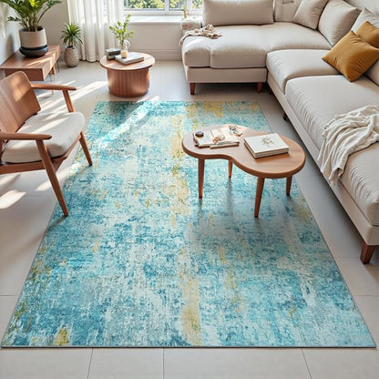 Ompaa Living Room Rug 5x7 Teal Blue Area Rug Machine Washable Boho Rug Non Slip Abstract Vintage Indoor Large Rugs for Bedroom, Classroom, College Dorm, Farmhouse, Dining Room, Kids Playroom