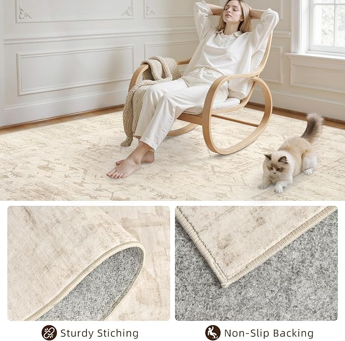 8x10 Area Rugs for Living Room: Vintage Boho Neutral Washable Rug Indoor Soft Large Area Rug Carpet for Bedroom Nursery Farmhouse Dining Room Office Floor Non-Slip Low Pile Under Table Rug Beige/Brown