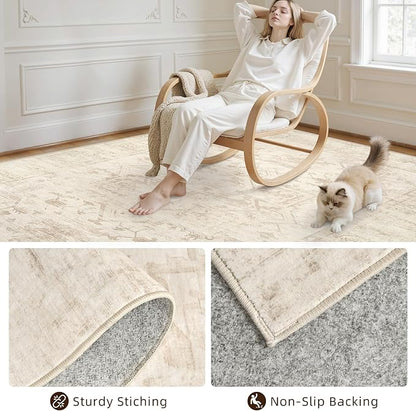 5x7 Area Rugs for Living Room: Vintage Boho Neutral Washable Rug Indoor Soft Large Area Rug Carpet for Bedroom Nursery Farmhouse Dining Room Office Floor Non-Slip Low Pile Under Table Rug Beige/Brown