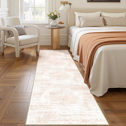 2x8 Runner Rug, Washable Runners for Hallways wirh Rubber Backing, Stain Resistant Kitchen Rug, Soft Thin Carpet Runner for Entrance, Bedroom, Living Room Indoor(2'x8', Pink/White)