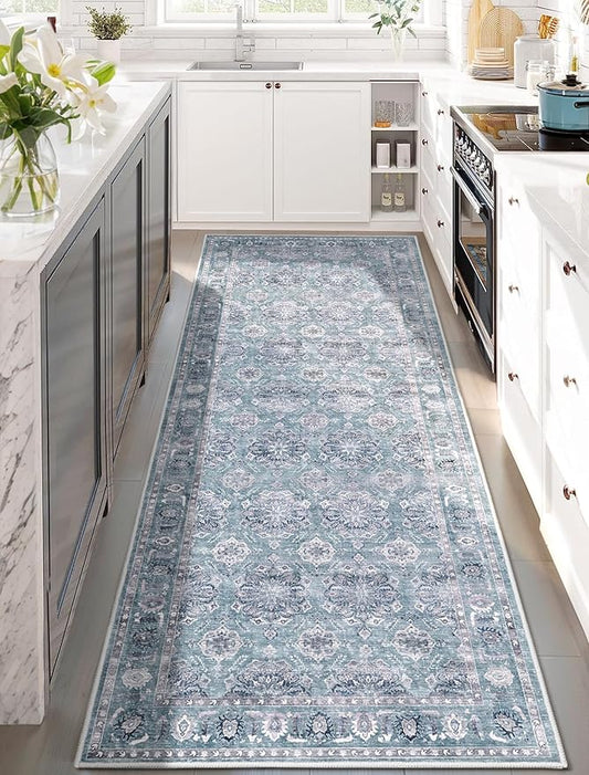 SERISSA Boho Washable Runner Rug, 2x6 Rug Non-Slip Vintage Floral Hallway Kitchen Runner Rug Ultra Soft Print Distressed Blue Grey Floor Carpet for Bedroom Bathroom Laundry Room
