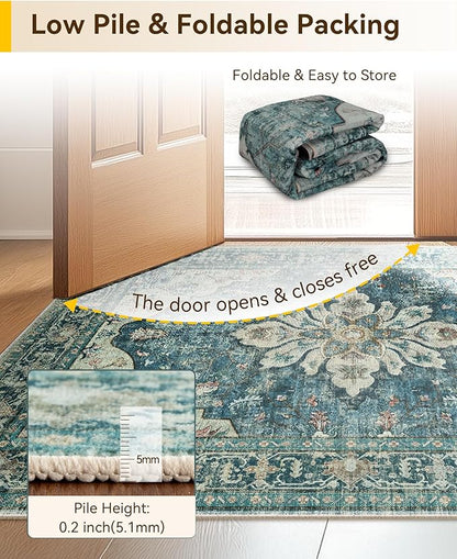 Area Rugs 2'x4' Kitchen Rugs Entry Rug Small Rugs for Entryway Kitchen Bathroom Door Mat Indoor Entrance,Washable Non Slip, Dark Blue Vintage