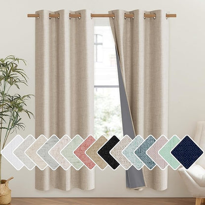 NICETOWN Cream 100% Blackout Linen Curtains 72 inch Long Burg for Classroom, 1 Pair, 42" Width Each Panel, Farmhouse Thick Completely Blackout Window Treatment Thermal Insulated Drapes