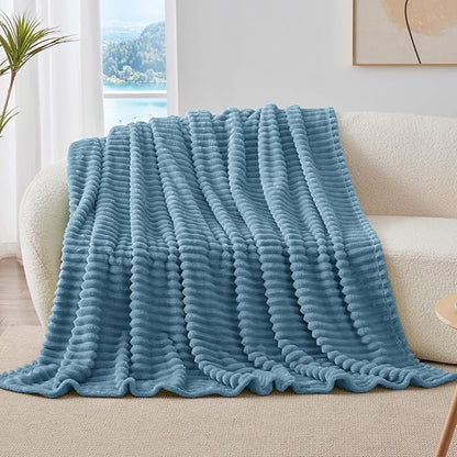 BEDELITE Fleece Throw Blanket for Couch - 300GSM Soft & Warm Fluffy Light Blue Blanket, Decorative and Giftable Striped Blankets for Women, Men, 50"x70"