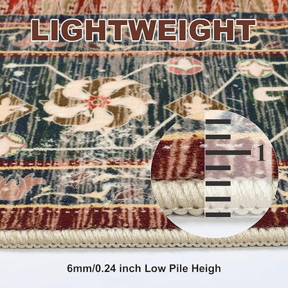 Yamaziot Area Rug 5x7, Non-Slip Washable Boho Vintage Living Room Bedroom Rug with Rubber Backing, Low Pile Faux Wool Soft Distressed Rug Floor Carpet for Living Room, Bedroom, Brick Red