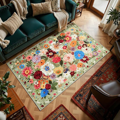 Area Rug 4x6 Rug Green, Washable Boho Rugs Non Slip Low Pile Floral Small Carpet for Bedroom, Bedside, Kids Room, Office, Dining Room(Green Garden, 4 x 6)