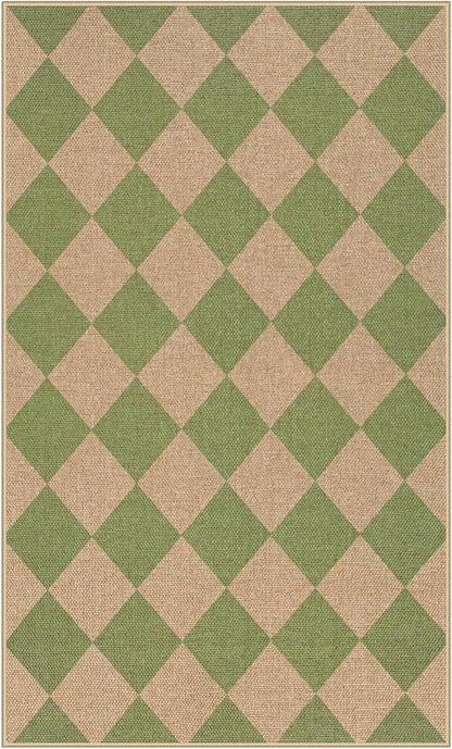 Lahome Colette Green Checkered Easy Jute Rug, 3x5 Washable Outdoor Rug Neutral Rug for Entryway, Checkerboard Non Slip Non Shedding Floor Carpet for Living Room Front Door Porch