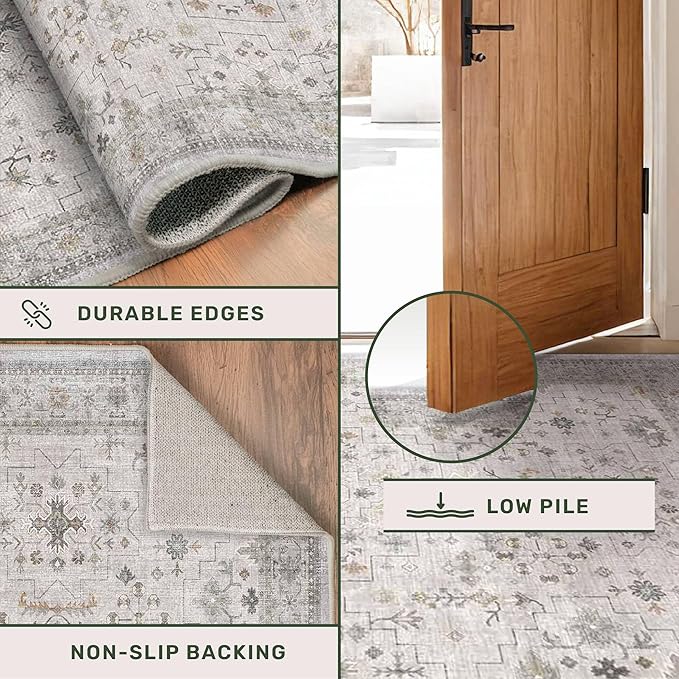 Light Grey 3x4 Large Boho Bathroom Rug - Modern Vintage Eclectic Floral Pastel Neutral Taupe, Washable Low Pile Non-Slip Area Rugs for Entryway, Kitchen, Bedroom Beside Bed, Powder Room