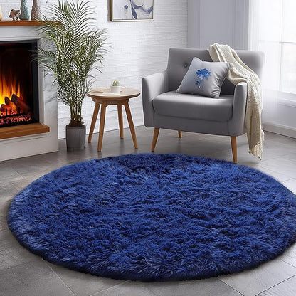Amdrebio Navy Blue Small Round Rug 3Ft for Boys Room Bedroom, Circle Area Rugs for Kids Room, Living Room Decor Aesthetic, Fluffy Shag Fur Throw Royal Dark Blue Carpet for Dorm Playroom Baby Nursery