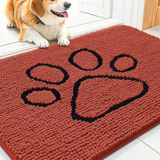 Smiry Dog Door Mat for Muddy Paws, Absorbent Dirt Trapper Non Slip Quick Dry Washable Chenille Mat for Mud Dogs, Entry Rug for Indoor and Outdoor (30x20 Inches, Maple Red and Black)