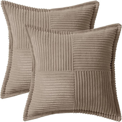 MIULEE Decorative Throw Pillow Covers for Couch Bed Livingroom 20x20 Inch Set of 2 Light Brown Boho Accent Throw Pllows Broadside Striped Patchwork Soft Corduroy Pillowcases