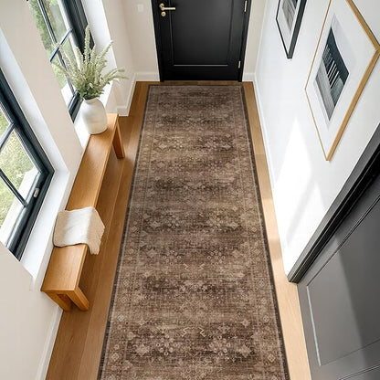 Brown Washable Long Runners for Hallways, 3x8 Wide Kitchen Runner Rug, Entryway Indoor Rug, Non Slip Rubber Backing Boho Vintage Dark Floor Decor