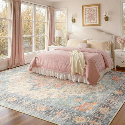 RELEANY Area Rugs 9'x12' Washable Non-Slip, Floral Vintage Distress Print Pattern Medallion Carpet for Living Room Bedroom Dining Room, Blue Orange Red