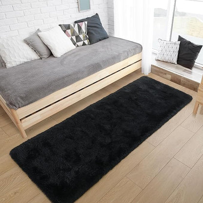 Tepook Soft Runner Rugs for Bedroom 2x6 ft with Rubber Backing, Black Fluffy Rugs for Living Room, Shag Bedside Rug Fuzzy Plush Carpet for Room, Area Rug for Dorm Nursery Hallway Indoor Home Decor