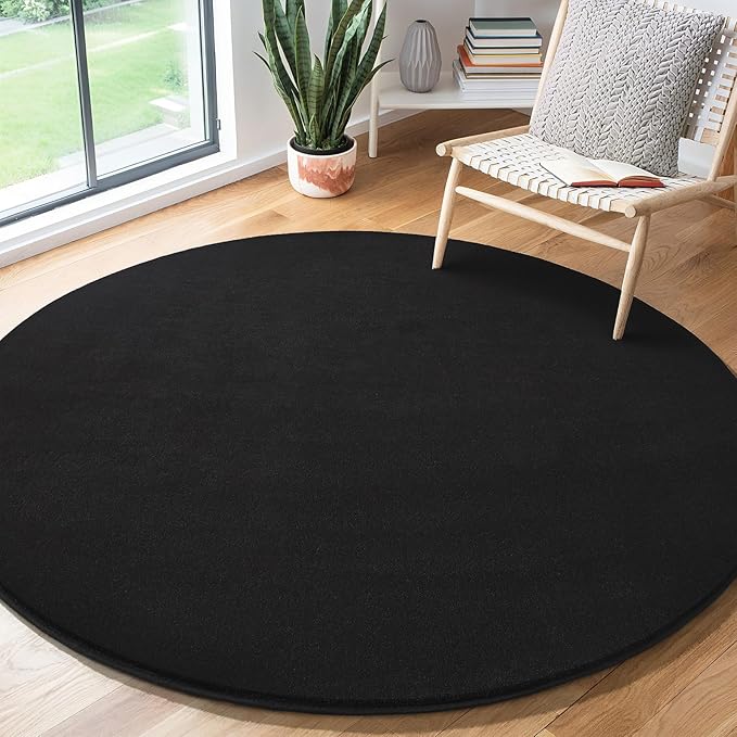 Amearea Black Round Area Rugs 6ft Washable Circle Rugs for Bedroom Living Room, Fluffy Indoor Thickened Memory Foam Rug, Non Slip Minimalist Circular Carpet for Kids Boys Girls Dorm Nursery Room Decor