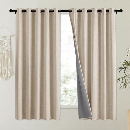 NICETOWN Oatmeal Vintage Open Linen Weave Flax Thermal Curtains, 100% Blackout Curtains 63" Long for Dining Room, Soundproof Window Treatment Drapes for Dorm Room, 62" Wide Per Panel, Set of 2