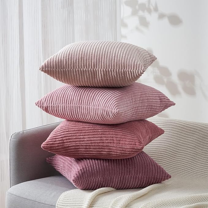 Topfinel Throw Pillow Cover 4pc Set - Multi Pink Combo - 26" x 26" Solid Cozy Corduroy Square Accent Decorative Cushion Case for Couch Sofa Chair Bed & Home, Only Covers
