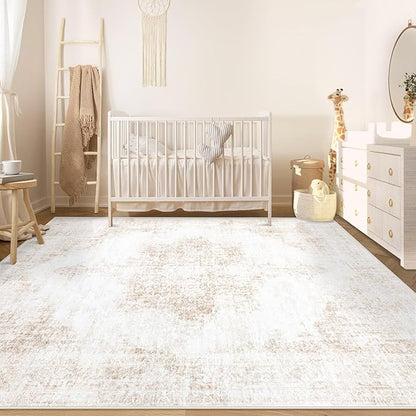 Area Rug 5x7 Vintage Rug: Washable Living Room Rugs Retro Medallion Distressed Large Rugs Soft Low Pile Non-Slip Indoor Floor Carpet for Bedroom Kitchen Nursery Dining Table Office (Beige, 5'x7')