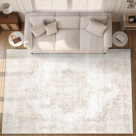 Area Rug 10x14 Vintage Rugs: Large Washable Living Room Rug Retro Medallion Distressed Soft Low Pile Non-Slip Rugs Indoor Floor Carpet for Bedroom Nursery Dining Table Office (Beige/Brown,10'x14')