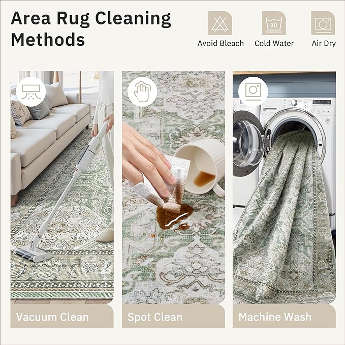 3x5 Rug, Small Area Rug for Kitchen, Entryway, Machine Washable Non-Slip Throw Rug, Vintage Carpet for Nursery Coffee Table Green/Brown