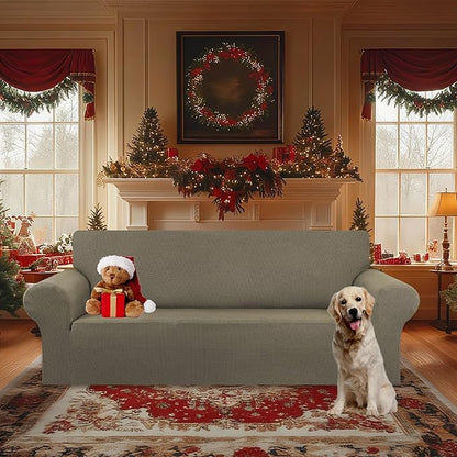 KEKUOU Stretch Oversized Sofa Slipcover 1 Piece Couch Sofa Cover (94"-110") Furniture Protector 4 Seater Sofa with Elastic Bottom for Kids,Pet.Jacquard Checked Pattern Fabric(X Large,Khaki)