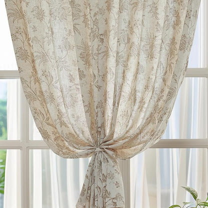 jinchan Linen Floral Curtains for Living Room with Printed Flower 96 Inches Long Light Filtering French Country Back Tab Rod Pocket Taupe Window Curtain Set Farmhouse Drapes 2 Panels Taupe