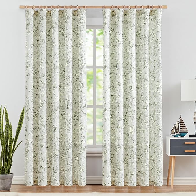 jinchan Floral Curtains 90 Inch Length Sage Green Flower Linen Farmhouse Curtain for Living Room French Country Vintage Curtain Rod Pocket Curtains Set 2 Panels Floral Printed